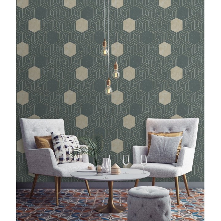 Papel pintado geométrico hexagonal color aluminio dorado fondo verde pálido mate - Kendal 679826