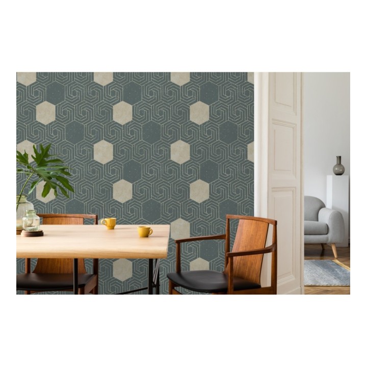 Papel pintado geométrico hexagonal color aluminio dorado fondo verde pálido mate - Kendal 679826