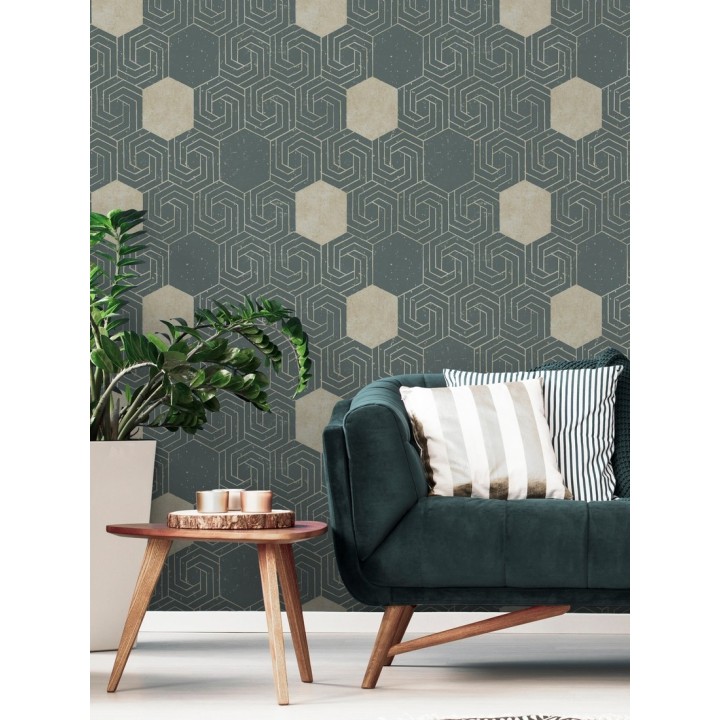 Papel pintado geométrico hexagonal color aluminio dorado fondo verde pálido mate - Kendal 679826