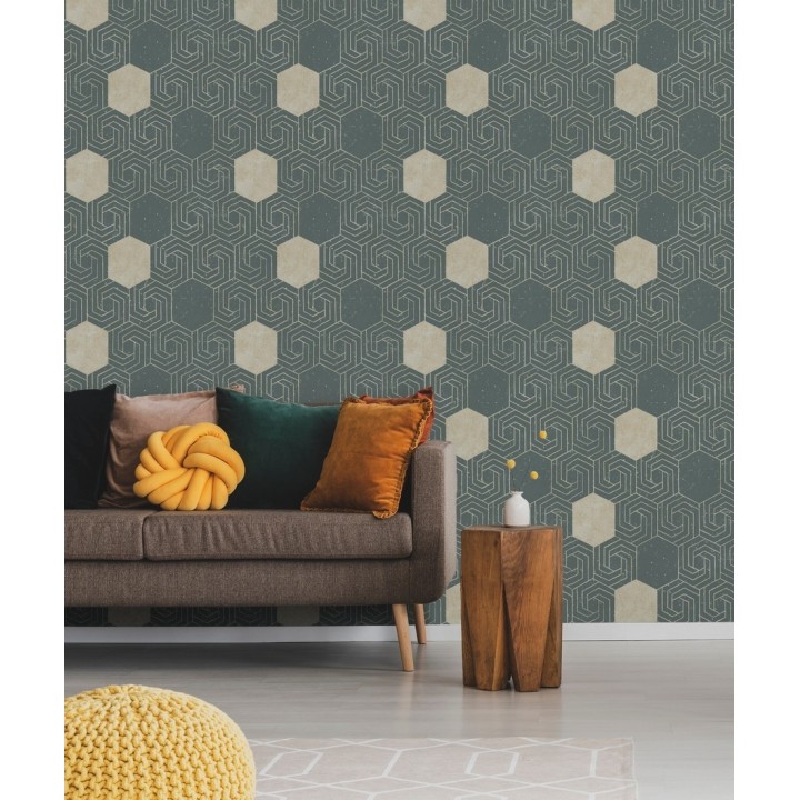 Papel pintado geométrico hexagonal color aluminio dorado fondo verde pálido mate - Kendal 679826