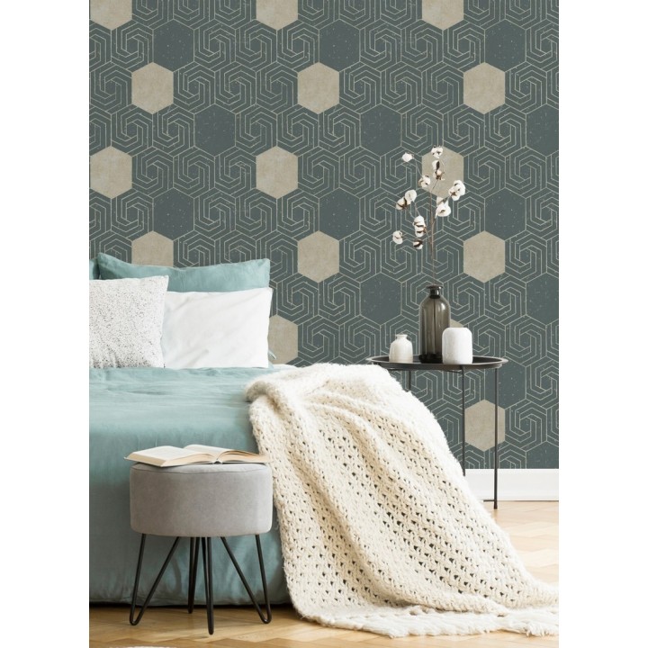 Papel pintado geométrico hexagonal color aluminio dorado fondo verde pálido mate - Kendal 679826