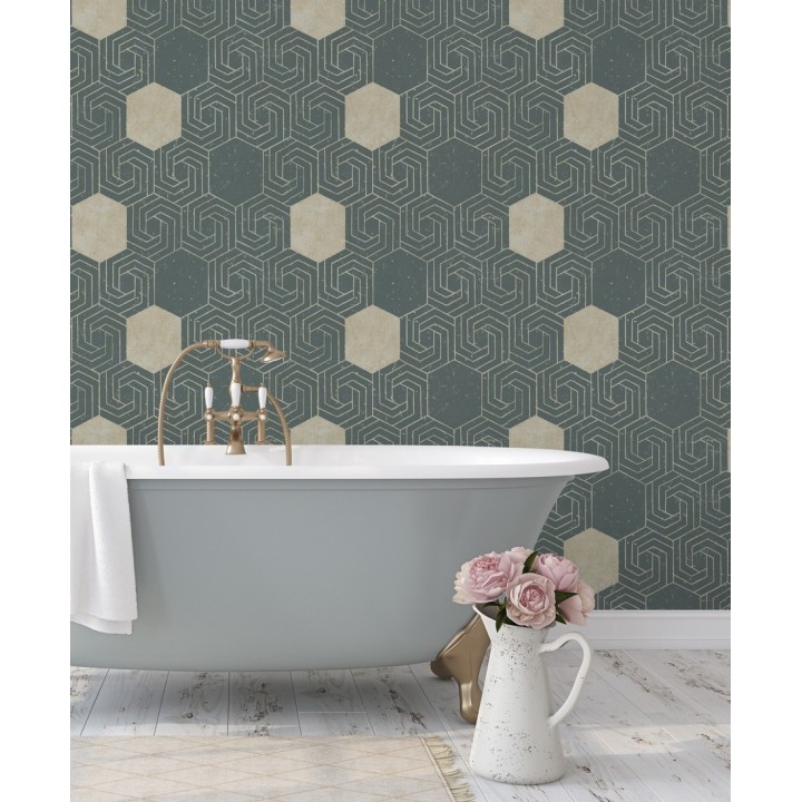 Papel pintado geométrico hexagonal color aluminio dorado fondo verde pálido mate - Kendal 679826