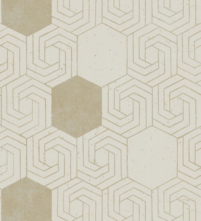 Papel pintado geométrico hexagonal color aluminio dorado fondo beige pálido mate - Kendal 679827