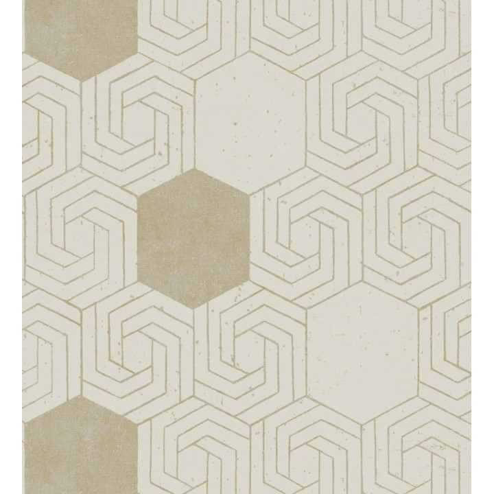 Papel pintado geométrico hexagonal color aluminio dorado fondo beige pálido mate - Kendal 679827