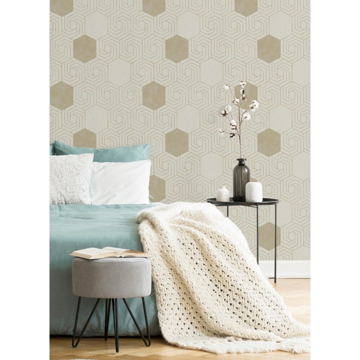 Papel pintado geométrico hexagonal color aluminio dorado fondo beige pálido mate - Kendal 679827