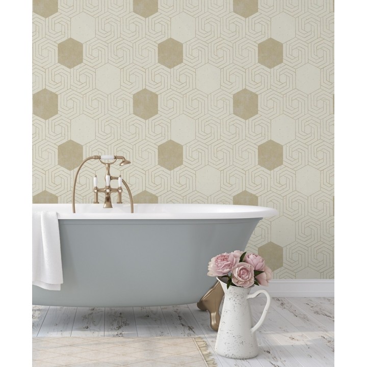 Papel pintado geométrico hexagonal color aluminio dorado fondo beige pálido mate - Kendal 679827