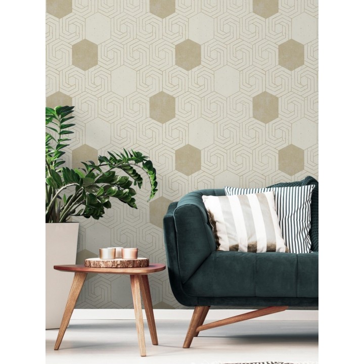Papel pintado geométrico hexagonal color aluminio dorado fondo beige pálido mate - Kendal 679827