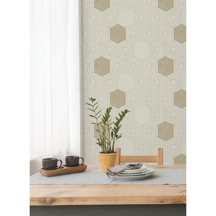 Papel pintado geométrico hexagonal color aluminio dorado fondo beige pálido mate - Kendal 679827