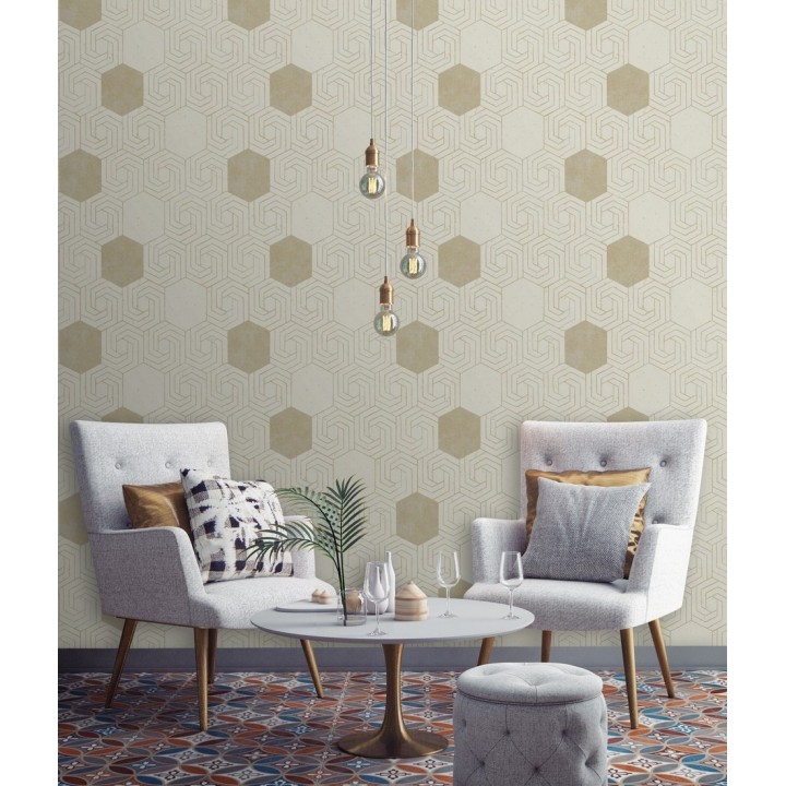 Papel pintado geométrico hexagonal color aluminio dorado fondo beige pálido mate - Kendal 679827