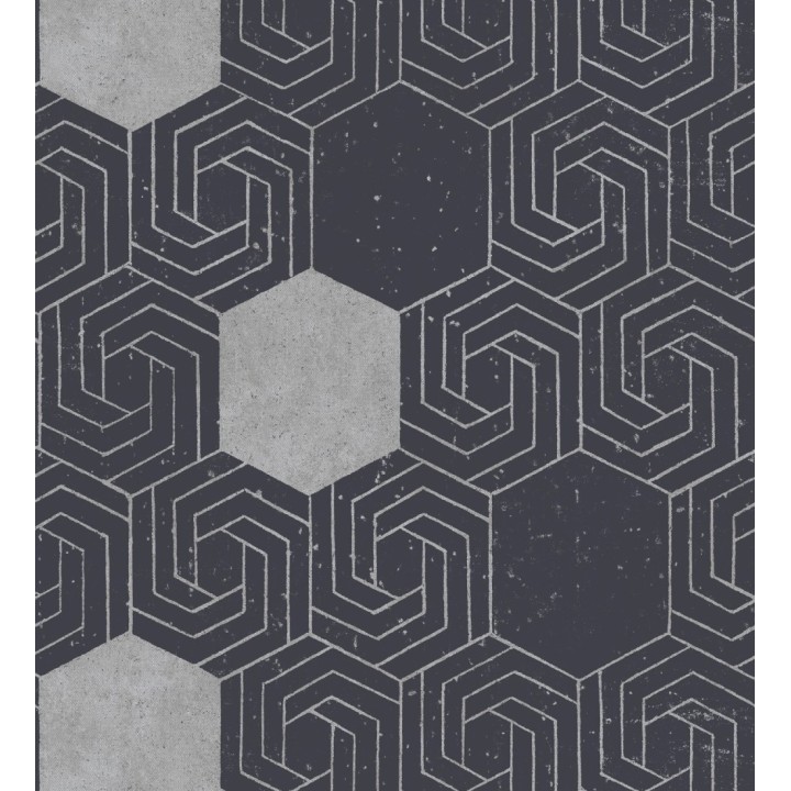 Papel pintado geométrico hexagonal color plata metalizado fondo azul oscuro mate - Kendal 679828