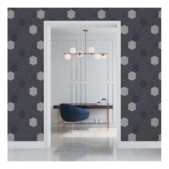 Papel pintado geométrico hexagonal color plata metalizado fondo azul oscuro mate - Kendal 679828