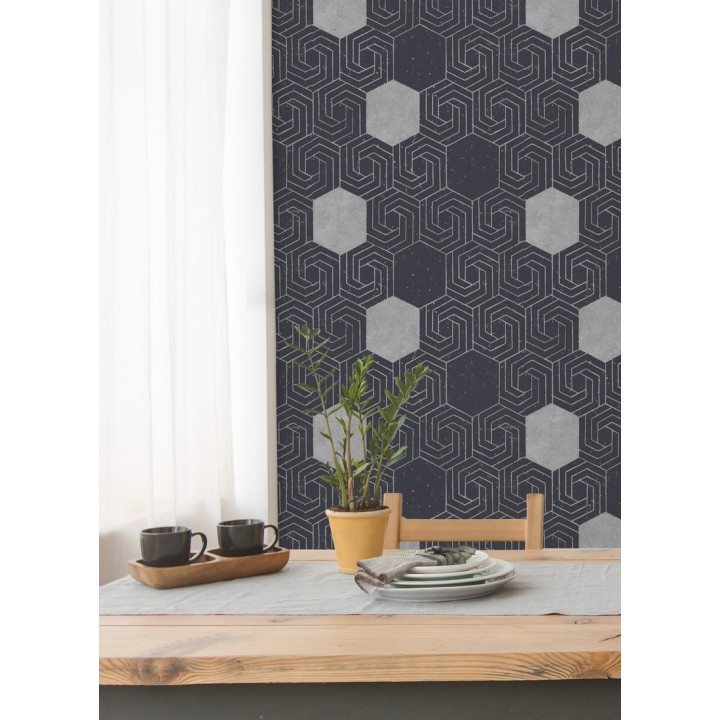 Papel pintado geométrico hexagonal color plata metalizado fondo azul oscuro mate - Kendal 679828