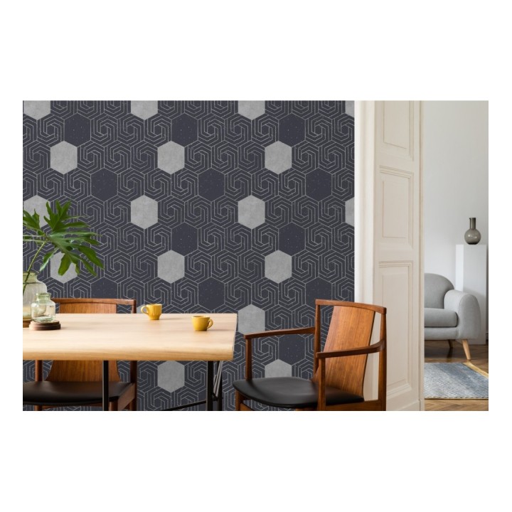 Papel pintado geométrico hexagonal color plata metalizado fondo azul oscuro mate - Kendal 679828