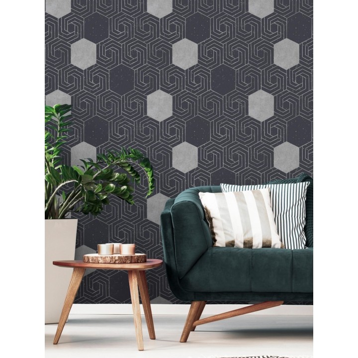Papel pintado geométrico hexagonal color plata metalizado fondo azul oscuro mate - Kendal 679828