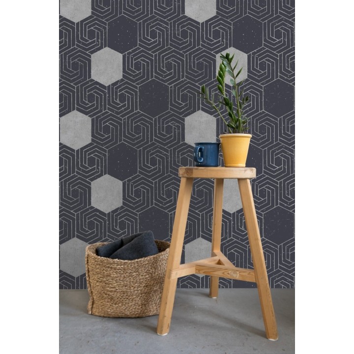 Papel pintado geométrico hexagonal color plata metalizado fondo azul oscuro mate - Kendal 679828