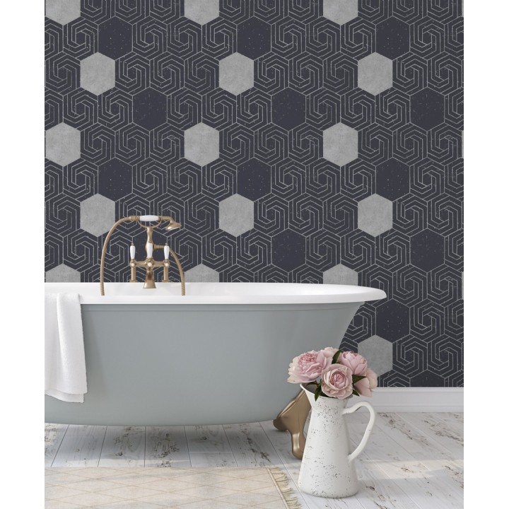 Papel pintado geométrico hexagonal color plata metalizado fondo azul oscuro mate - Kendal 679828