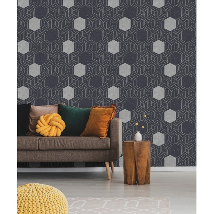 Papel pintado geométrico hexagonal color plata metalizado fondo azul oscuro mate - Kendal 679828