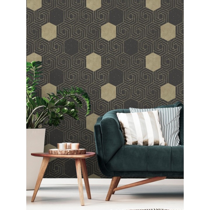 Papel pintado geométrico hexagonal color aluminio dorado fondo negro mate - Kendal 679829
