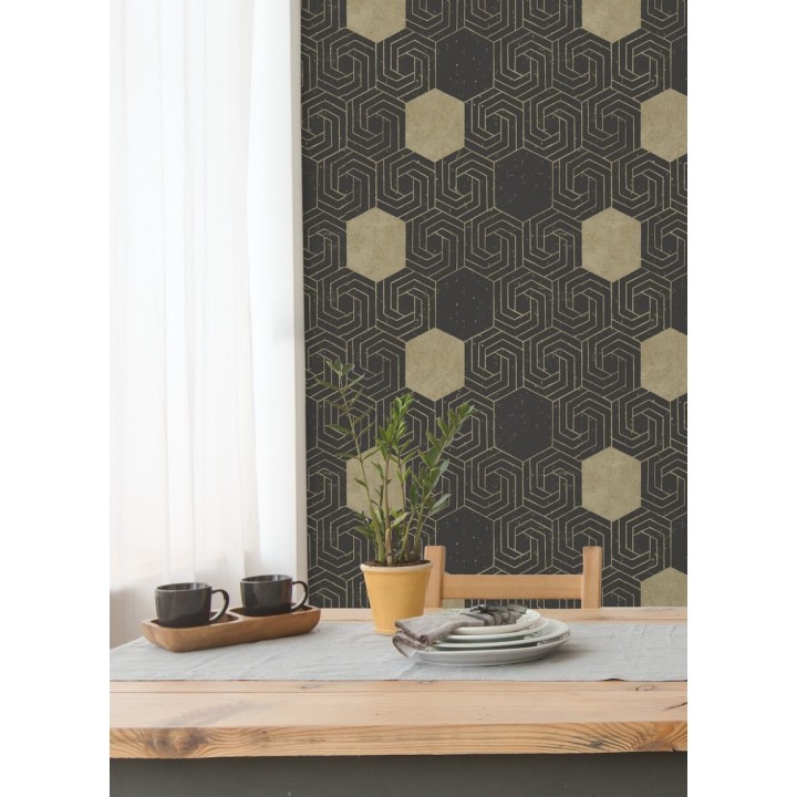 Papel pintado geométrico hexagonal color aluminio dorado fondo negro mate - Kendal 679829