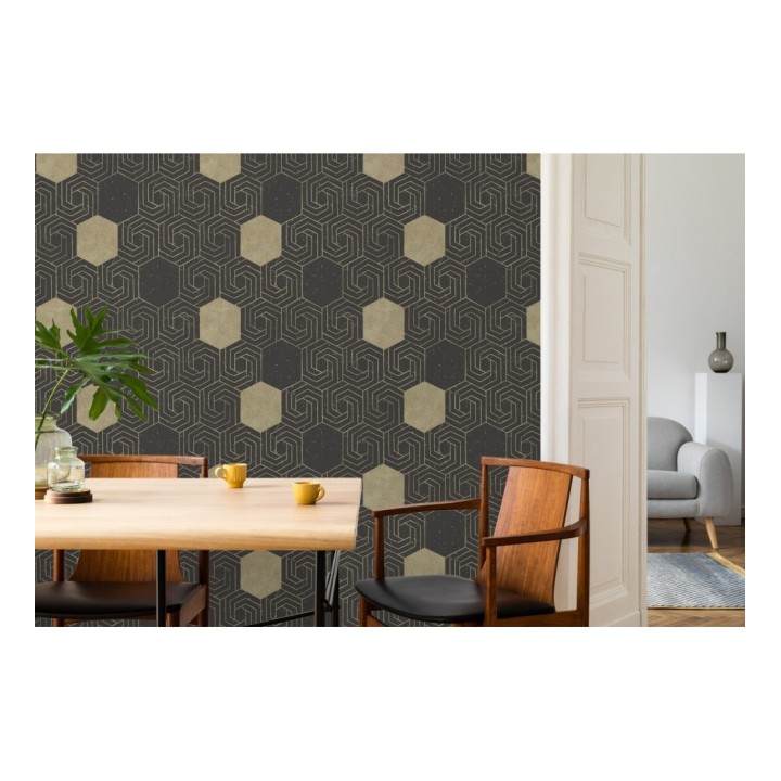 Papel pintado geométrico hexagonal color aluminio dorado fondo negro mate - Kendal 679829