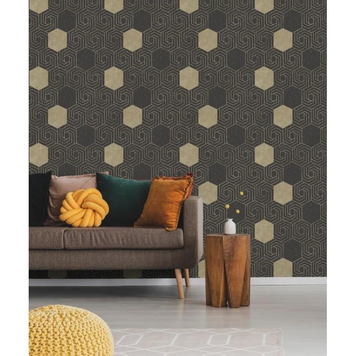 Papel pintado geométrico hexagonal color aluminio dorado fondo negro mate - Kendal 679829