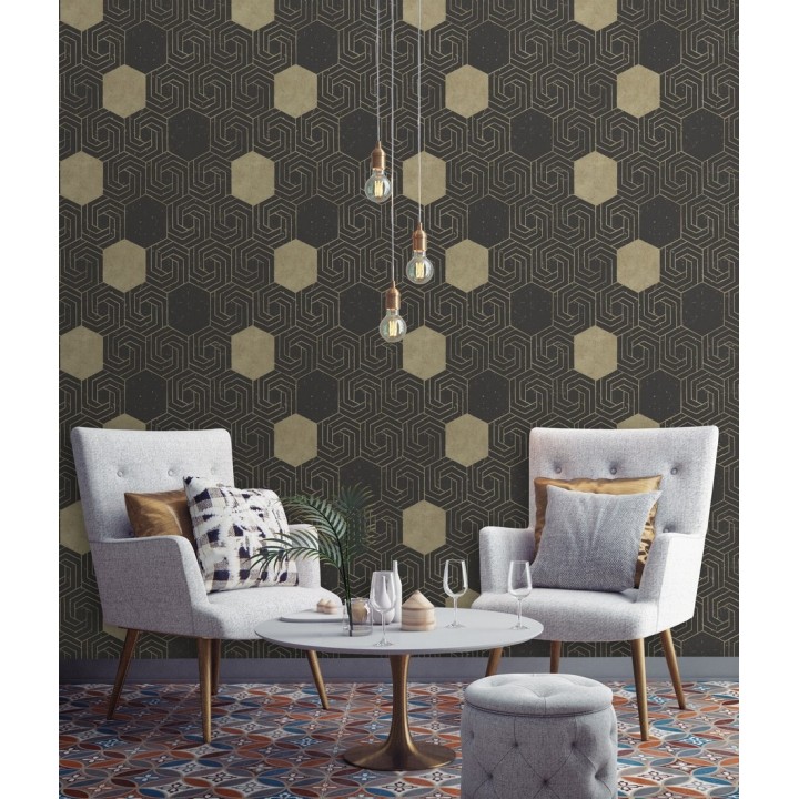 Papel pintado geométrico hexagonal color aluminio dorado fondo negro mate - Kendal 679829