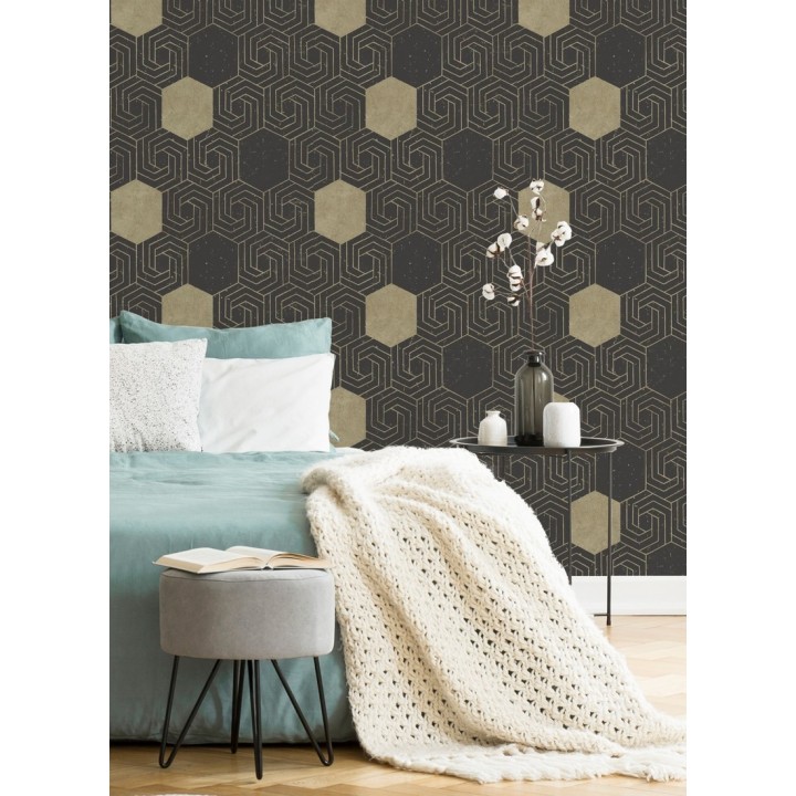 Papel pintado geométrico hexagonal color aluminio dorado fondo negro mate - Kendal 679829