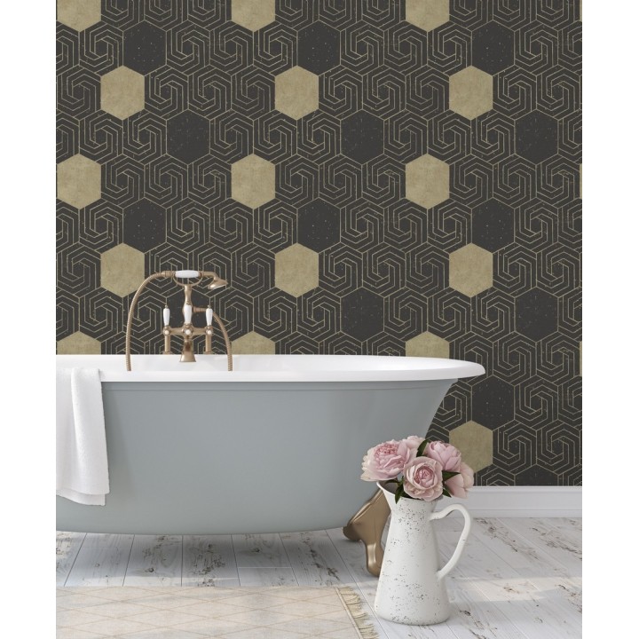Papel pintado geométrico hexagonal color aluminio dorado fondo negro mate - Kendal 679829