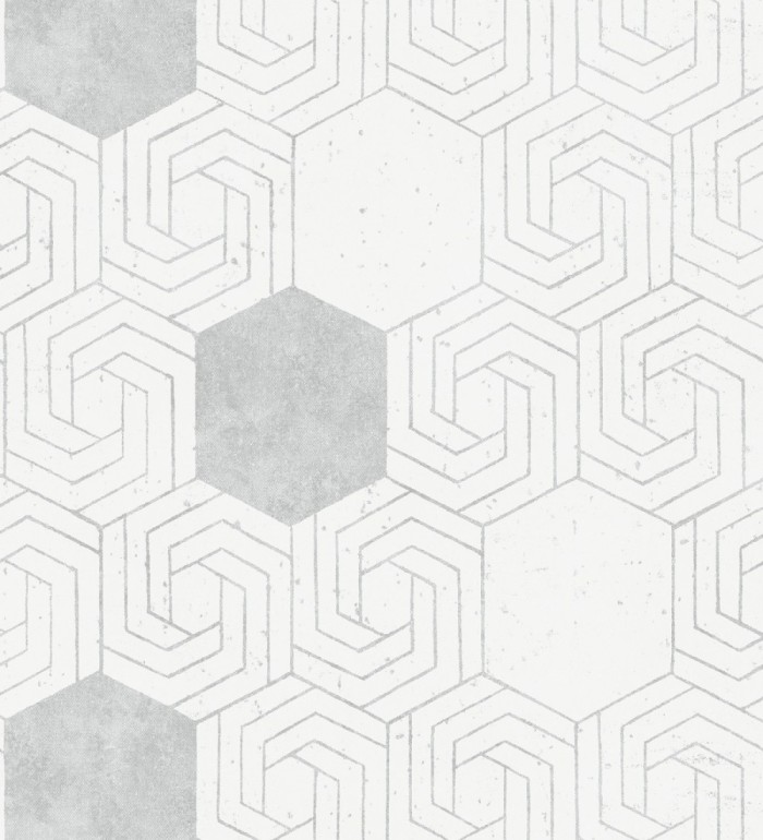 Papel pintado geométrico hexagonal color plata metalizado fondo blanco roto mate - Kendal 679836