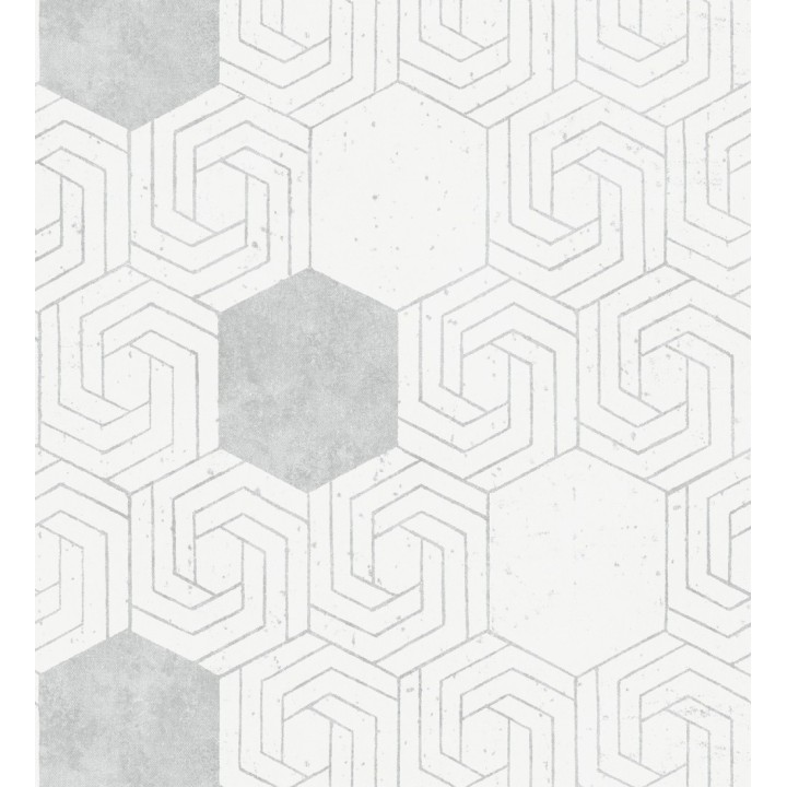 Papel pintado geométrico hexagonal color plata metalizado fondo blanco roto mate - Kendal 679836