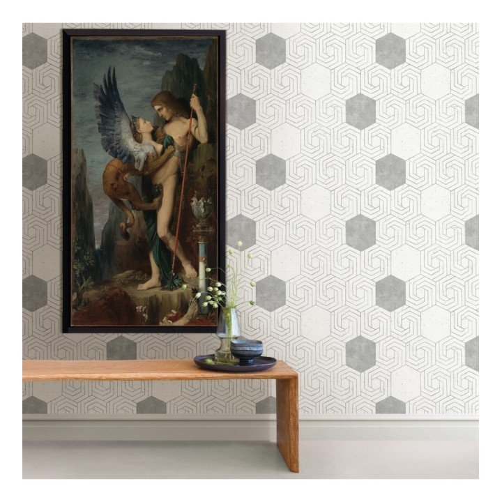 Papel pintado geométrico hexagonal color plata metalizado fondo blanco roto mate - Kendal 679836
