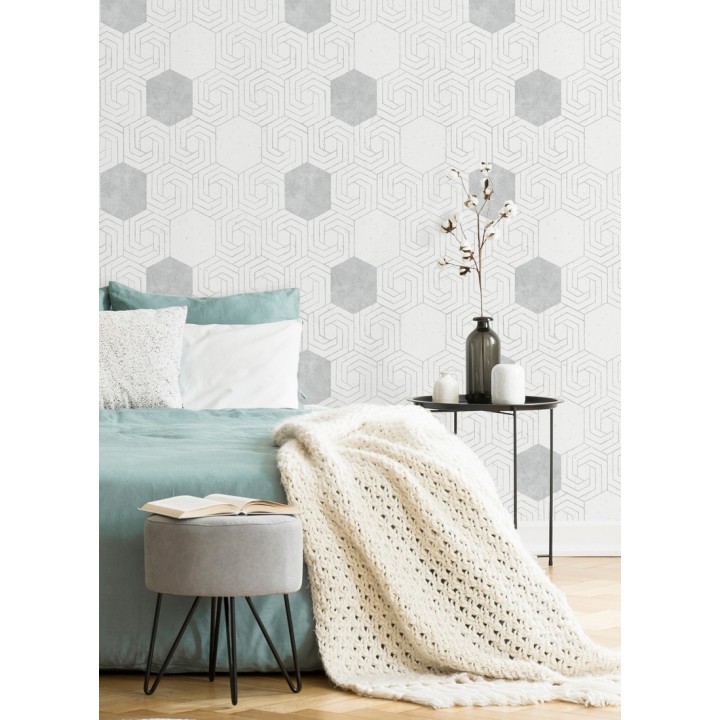 Papel pintado geométrico hexagonal color plata metalizado fondo blanco roto mate - Kendal 679836