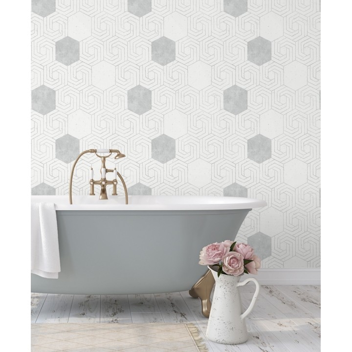 Papel pintado geométrico hexagonal color plata metalizado fondo blanco roto mate - Kendal 679836