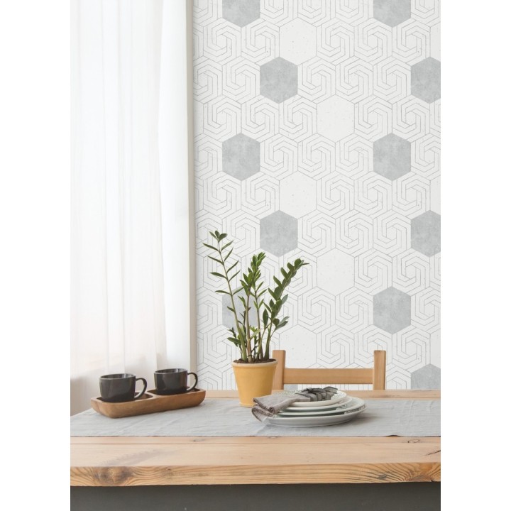 Papel pintado geométrico hexagonal color plata metalizado fondo blanco roto mate - Kendal 679836
