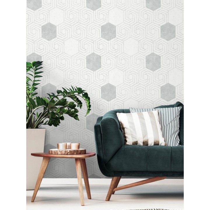 Papel pintado geométrico hexagonal color plata metalizado fondo blanco roto mate - Kendal 679836