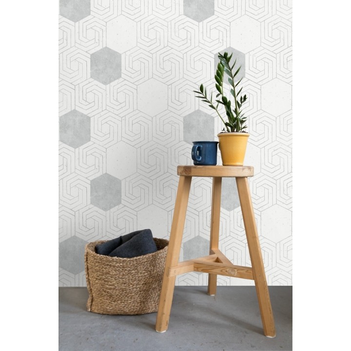 Papel pintado geométrico hexagonal color plata metalizado fondo blanco roto mate - Kendal 679836