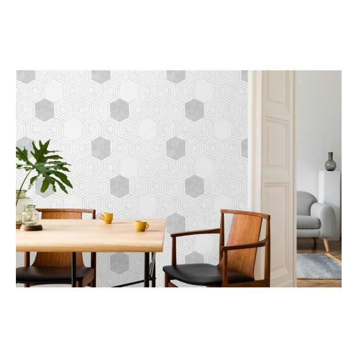 Papel pintado geométrico hexagonal color plata metalizado fondo blanco roto mate - Kendal 679836