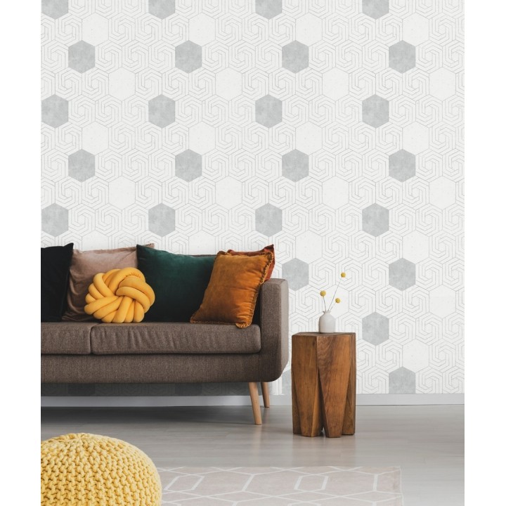 Papel pintado geométrico hexagonal color plata metalizado fondo blanco roto mate - Kendal 679836