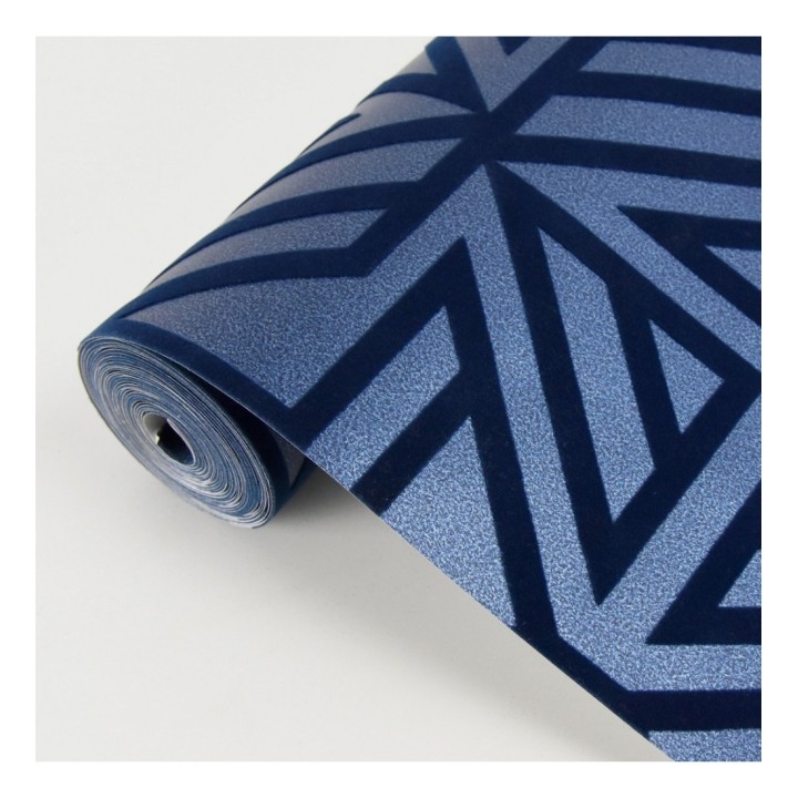 Papel pintado geométrico con terciopelo azul - Monaco 679840