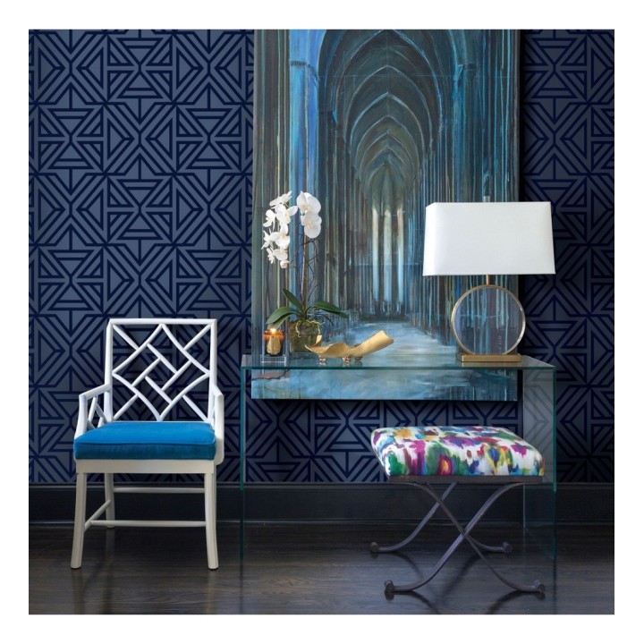 Papel pintado geométrico con terciopelo azul - Monaco 679840