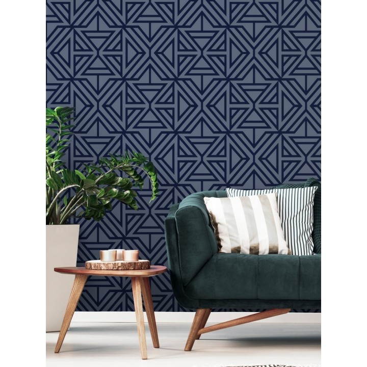 Papel pintado geométrico con terciopelo azul - Monaco 679840