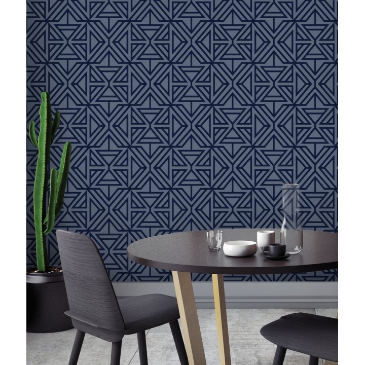 Papel pintado geométrico con terciopelo azul - Monaco 679840