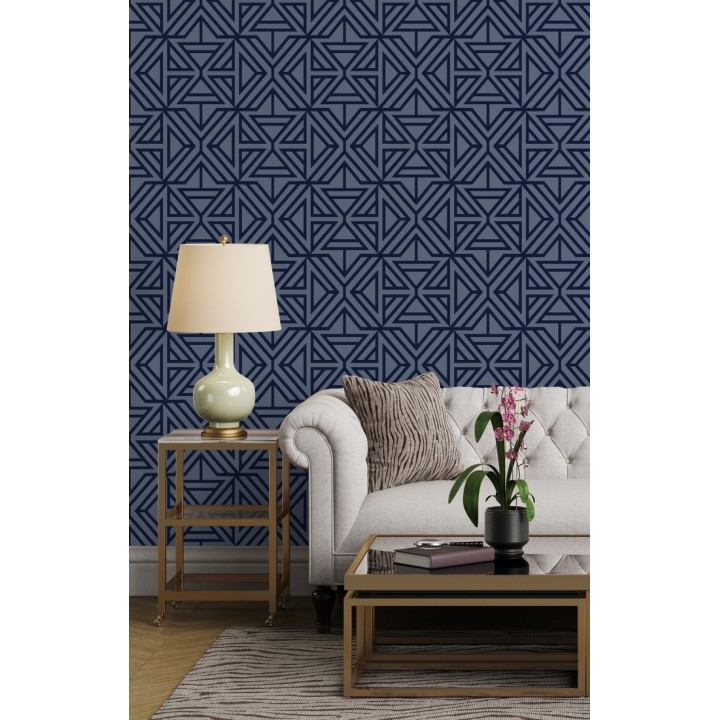 Papel pintado geométrico con terciopelo azul - Monaco 679840