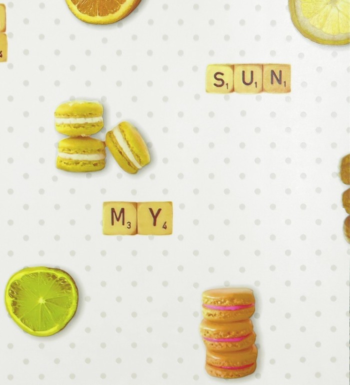Papel pintado macarons y fichas de scrabble - Poulain 119509