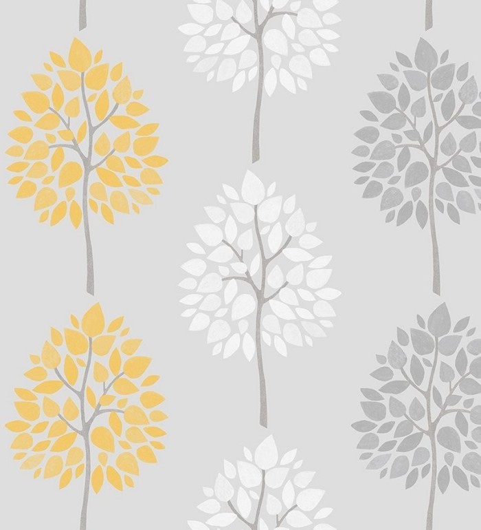 Papel pintado árboles pequeños amarillos y grises estilo nórdico - Emon Nordic 680100