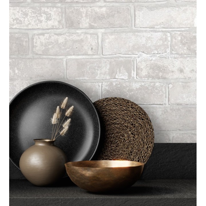 Papel pintado muro de ladrillo blanco con detalles en tonos metalizados - Talbot Street 680102