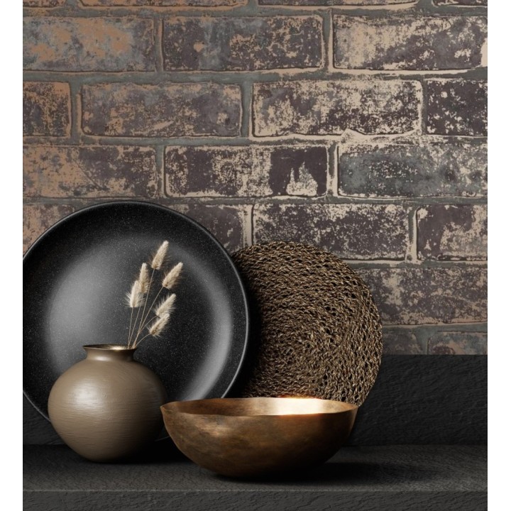 Papel pintado muro de ladrillo marrón oscuro con detalles en tonos metalizados - Talbot Street 680104