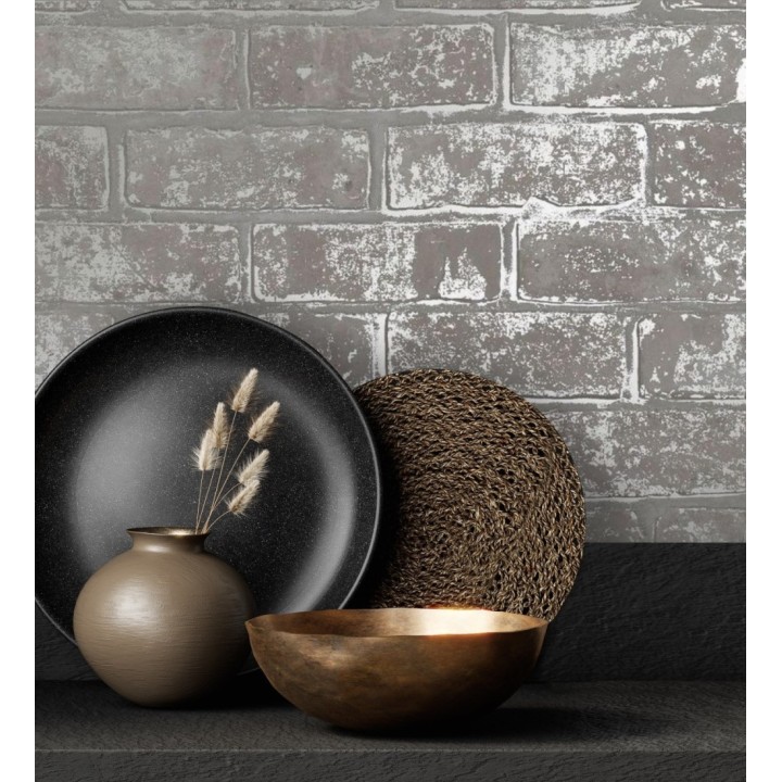 Papel pintado muro de ladrillo gris con detalles en tonos metalizados - Talbot Street 680105