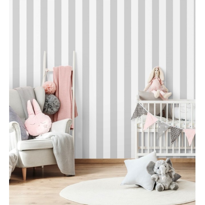 Papel pintado infantil de rayas grises y blancas - Raya Piccolo 680217