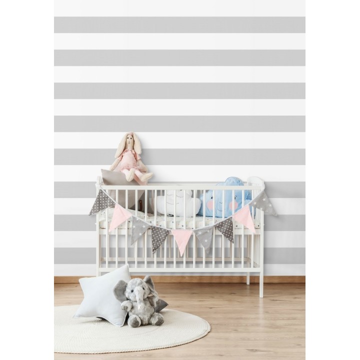Papel pintado infantil de rayas horizontales grises y blancas - Raya Piccolo FL 680218